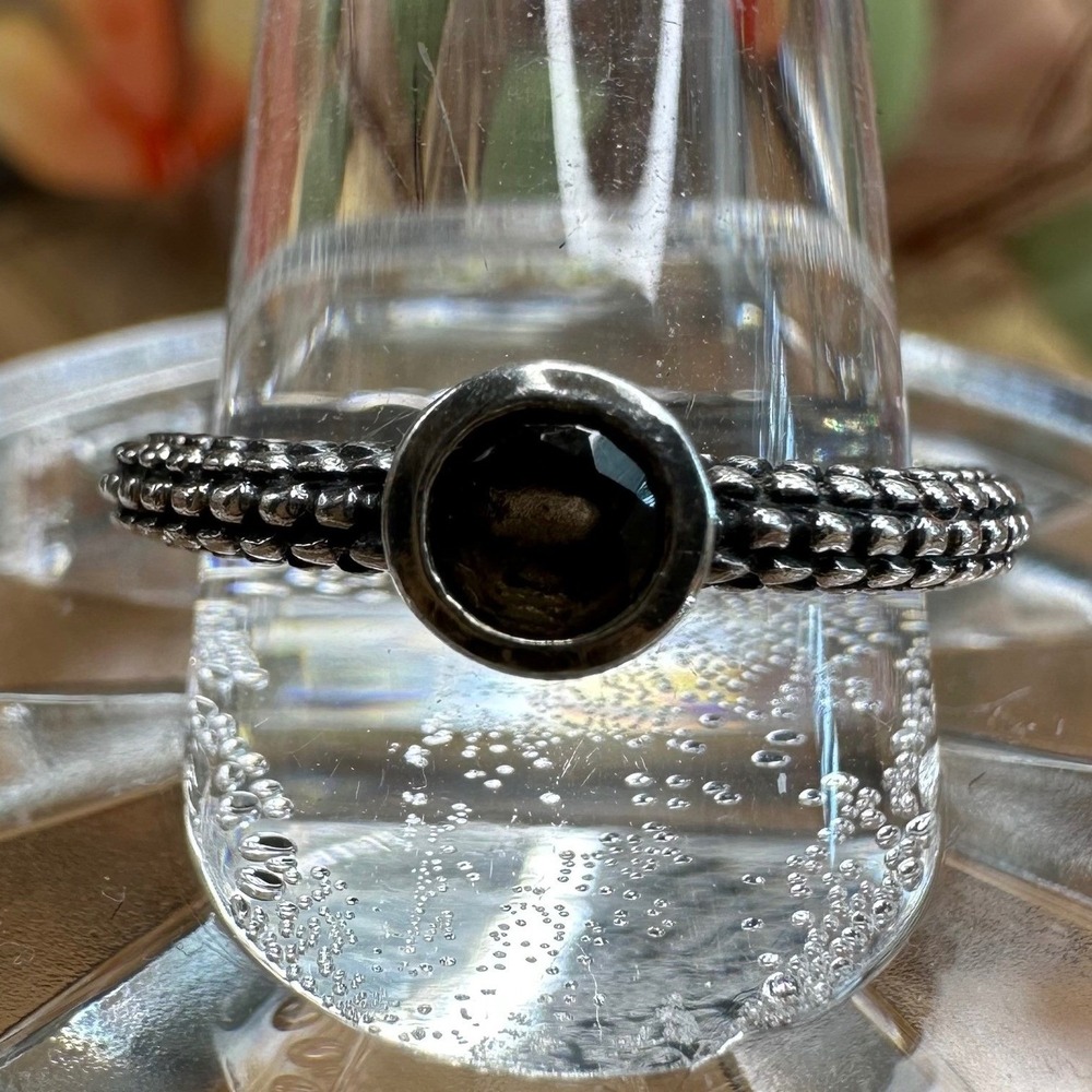 925 Sterling Silver Smoky Dark Stone Beaded Band Ring 7 Brown Bezel Set Boho